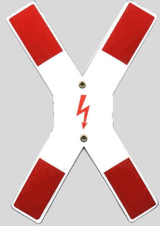 Andreaskreuz mit Blitzsymbol 210 x 300 mm Emaille